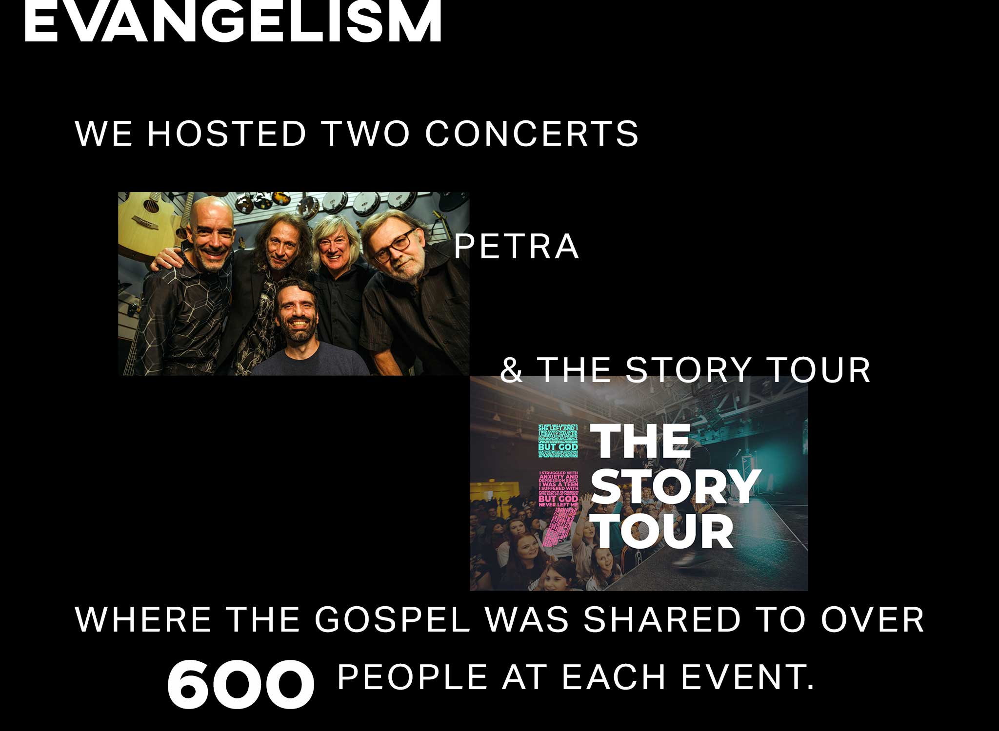 We hosted two concerts in 2024 where the gospel was shared to over 600 people at each event.